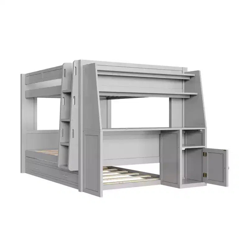 Full Size Bunk Bed with Desk and Storage, Space-Saving Wooden Bunk Bed with Bookshelves & Trundle