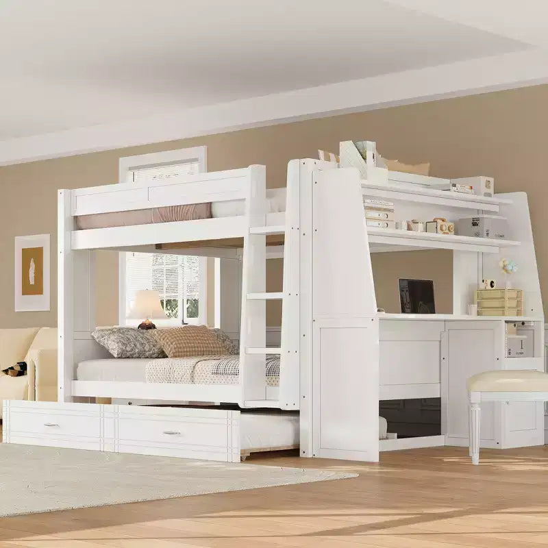 Full Size Bunk Bed with Desk and Storage, Space-Saving Wooden Bunk Bed with Bookshelves & Trundle