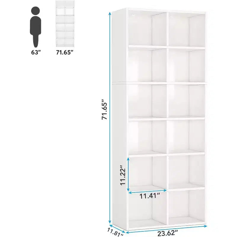 Bibliothèque étroite de 181,9 cm de haut, bibliothèque moderne blanche avec 12 casiers de rangement pour bureau à domicile, verticale ou horizontale