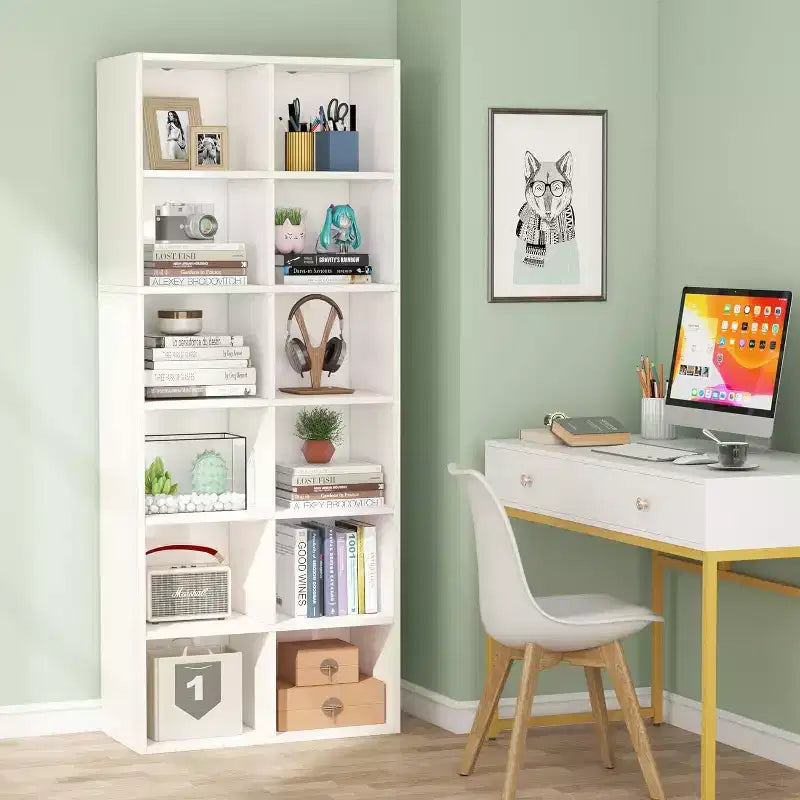 Bibliothèque étroite de 181,9 cm de haut, bibliothèque moderne blanche avec 12 casiers de rangement pour bureau à domicile, verticale ou horizontale