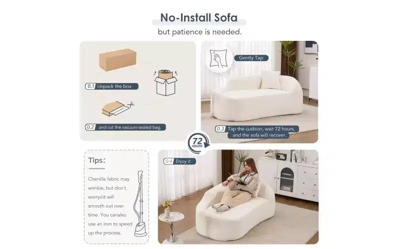 Chaise longue incurvée à compression, causeuse moderne en chenille avec lit de canapé profond, 1 oreiller - Blanc lait