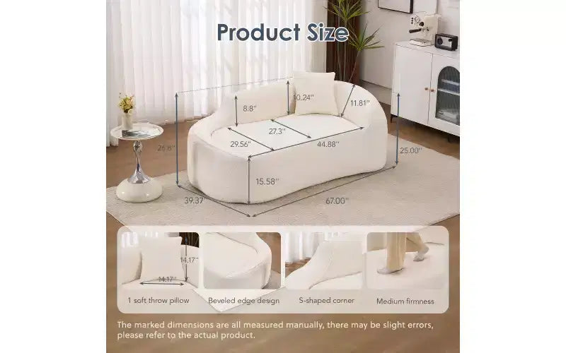 Chaise longue incurvée à compression, causeuse moderne en chenille avec lit de canapé profond, 1 oreiller - Blanc lait