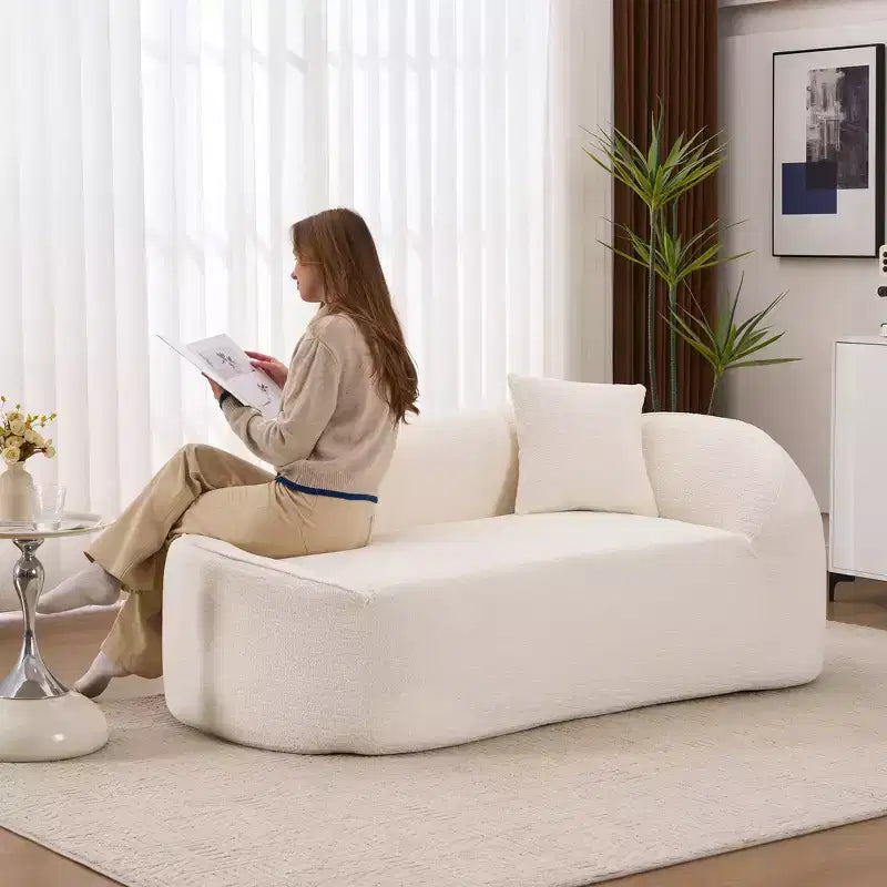 Chaise longue incurvée à compression, causeuse moderne en chenille avec lit de canapé profond, 1 oreiller - Blanc lait