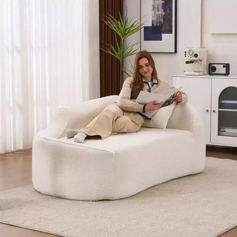 Chaise longue incurvée à compression, causeuse moderne en chenille avec lit de canapé profond, 1 oreiller - Blanc lait