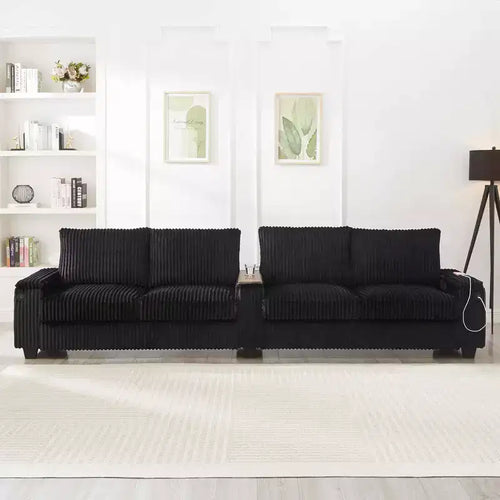 MAYEERTY 4 Seater Corduroy Sofa Couch 133 Modern Sofa with Ports Hidden Storage Arms Flip Top Cup Holders for Living Room Black