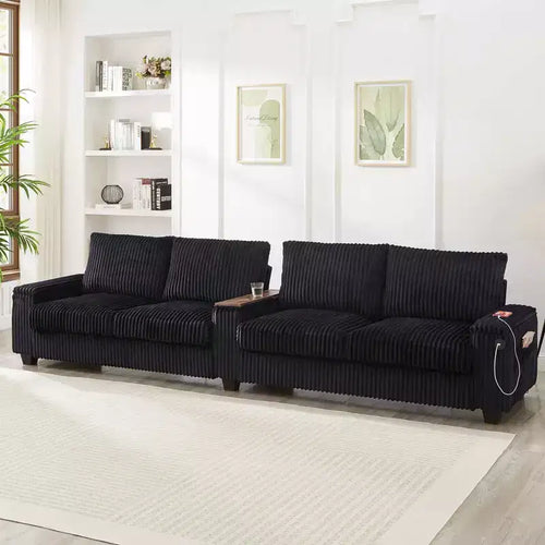 Canapé 4 places en velours côtelé 133 cm, moderne, avec ports de charge, accoudoirs de rangement cachés et porte-gobelets rabattables pour salon, noir