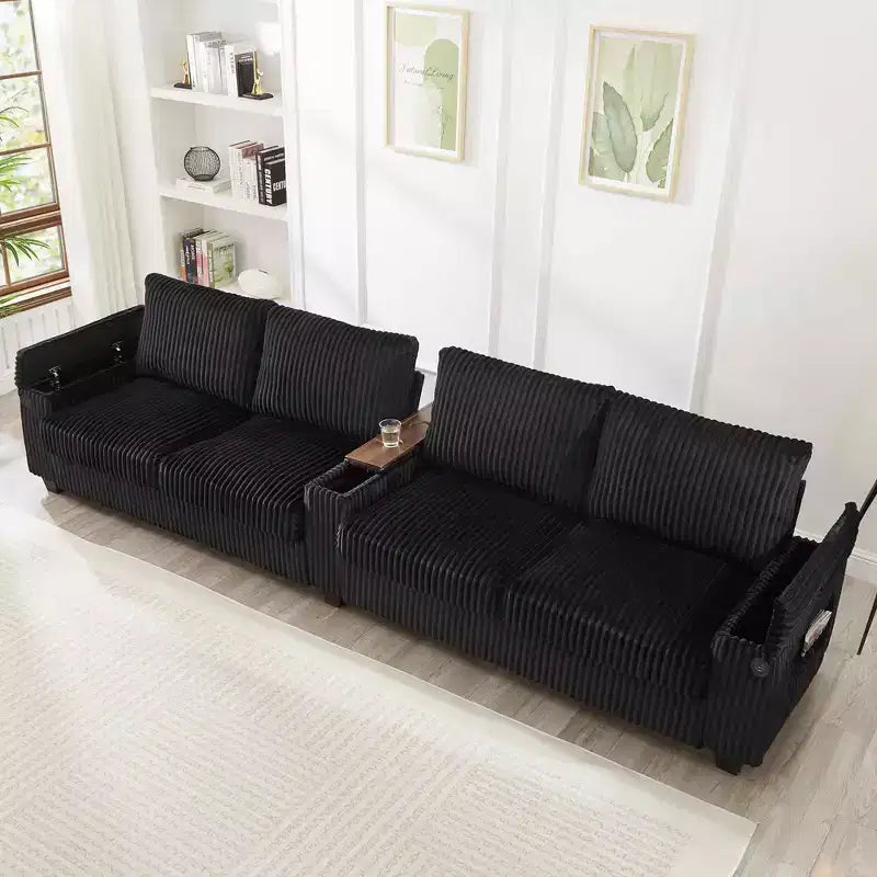 4 Seater Corduroy Sofa Couch 133 Modern Sofa with Ports Hidden Storage Arms Flip Top Cup Holders for Living Room Black