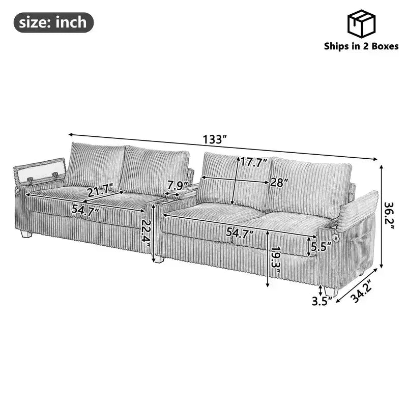 4 Seater Corduroy Sofa Couch 133 Modern Sofa with Ports Hidden Storage Arms Flip Top Cup Holders for Living Room Black