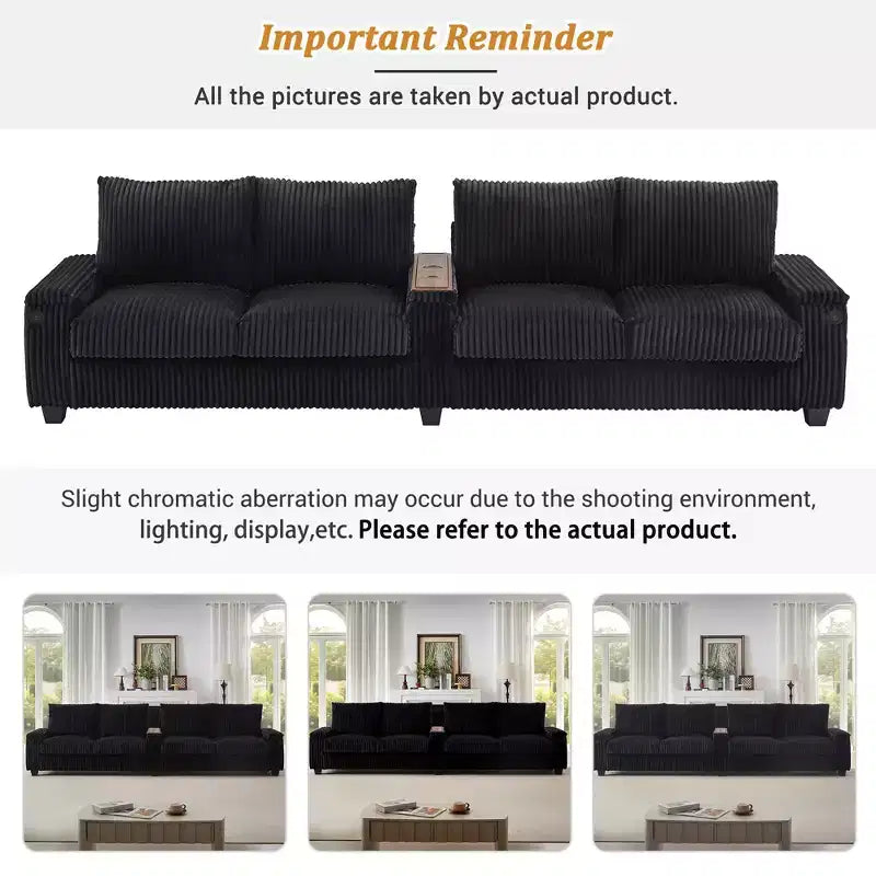 4 Seater Corduroy Sofa Couch 133 Modern Sofa with Ports Hidden Storage Arms Flip Top Cup Holders for Living Room Black