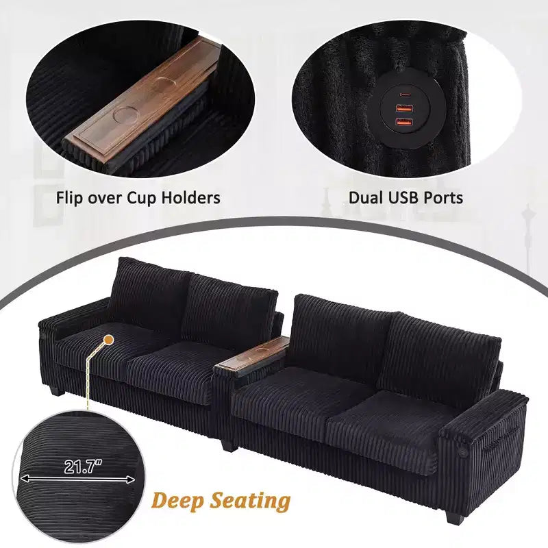 4 Seater Corduroy Sofa Couch 133 Modern Sofa with Ports Hidden Storage Arms Flip Top Cup Holders for Living Room Black