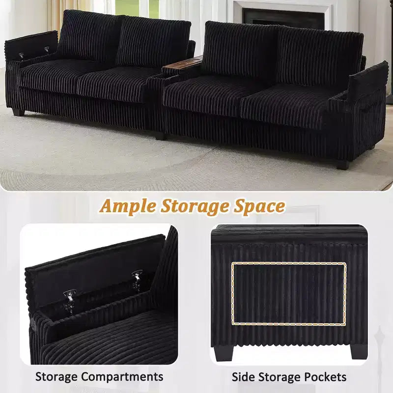 4 Seater Corduroy Sofa Couch 133 Modern Sofa with Ports Hidden Storage Arms Flip Top Cup Holders for Living Room Black