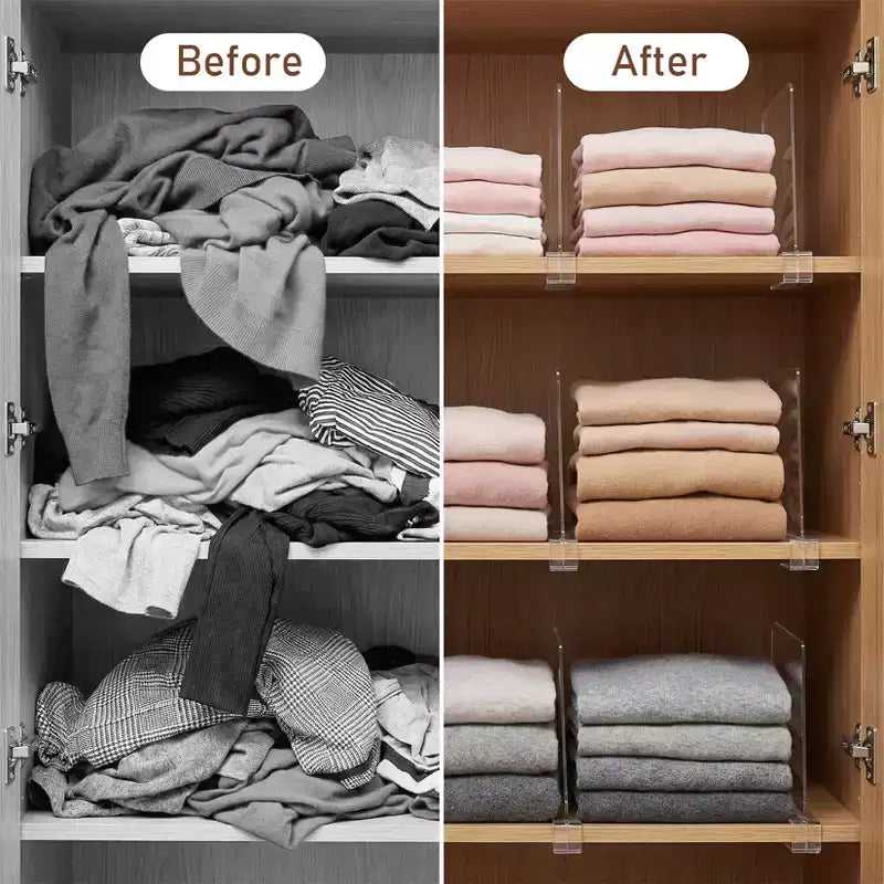 Acrylic Shelf Dividers, Clear Closet Organizers & Shelf Separators for Pantry, Wardrobe, Bookshelf, Cabinet - No-Slip Clip On Design