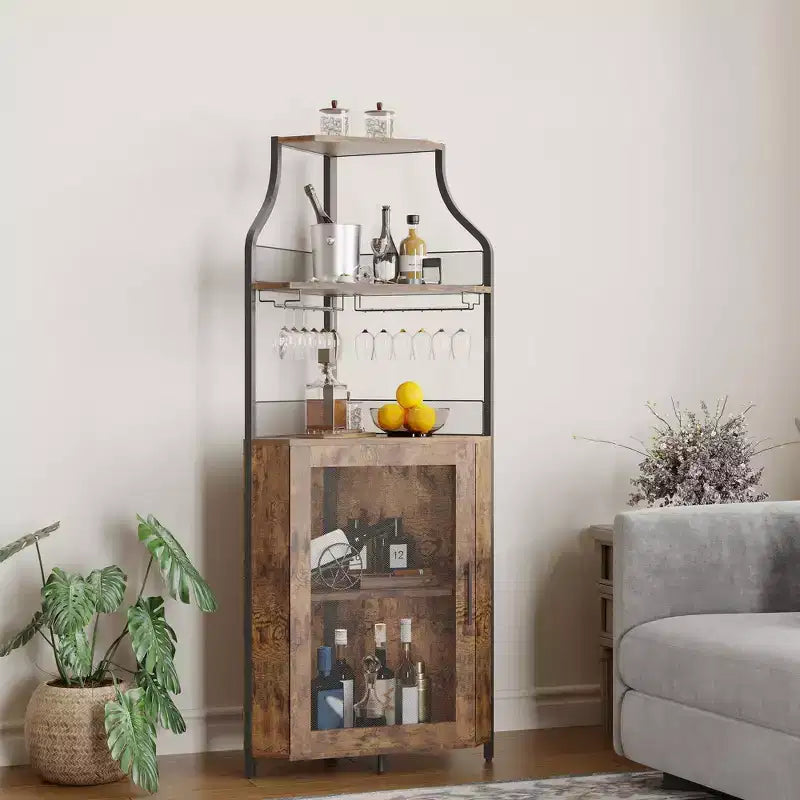 Industrial Corner Bar Cabinet with Lights,5-Tier Storage, Removable Glass & Wine Rack, Adjustable Shelves,Space-Saving Liquor Sideboard
