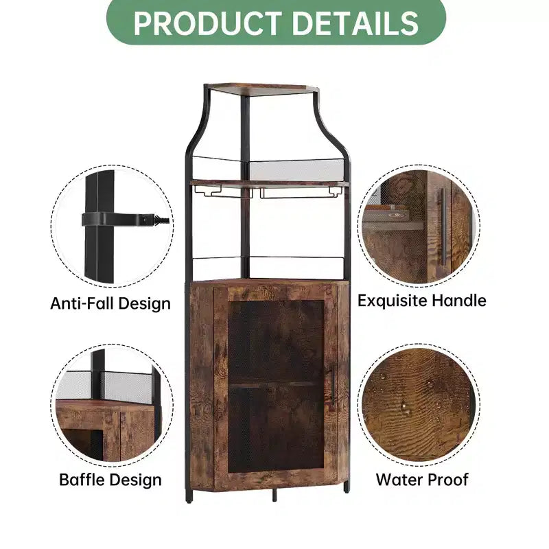 Industrial Corner Bar Cabinet with Lights,5-Tier Storage, Removable Glass & Wine Rack, Adjustable Shelves,Space-Saving Liquor Sideboard