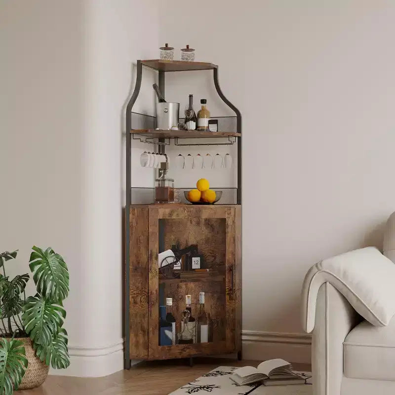 Industrial Corner Bar Cabinet with Lights,5-Tier Storage, Removable Glass & Wine Rack, Adjustable Shelves,Space-Saving Liquor Sideboard