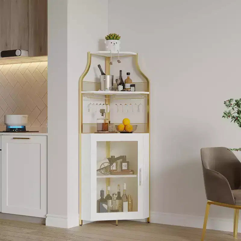 Industrial Corner Bar Cabinet with Lights,5-Tier Storage, Removable Glass & Wine Rack, Adjustable Shelves,Space-Saving Liquor Sideboard