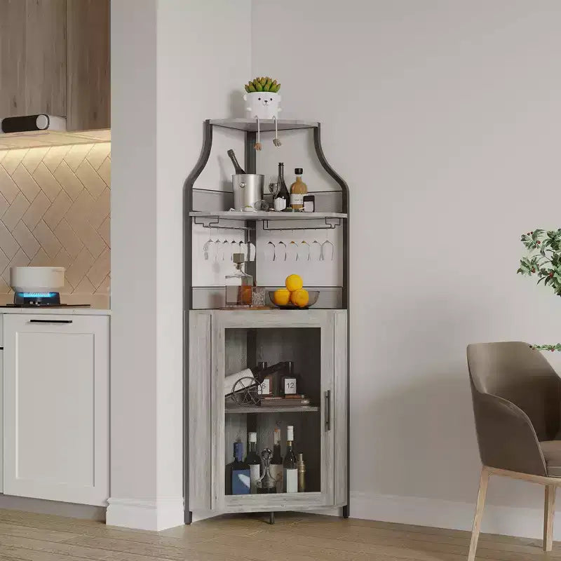 Industrial Corner Bar Cabinet with Lights,5-Tier Storage, Removable Glass & Wine Rack, Adjustable Shelves,Space-Saving Liquor Sideboard