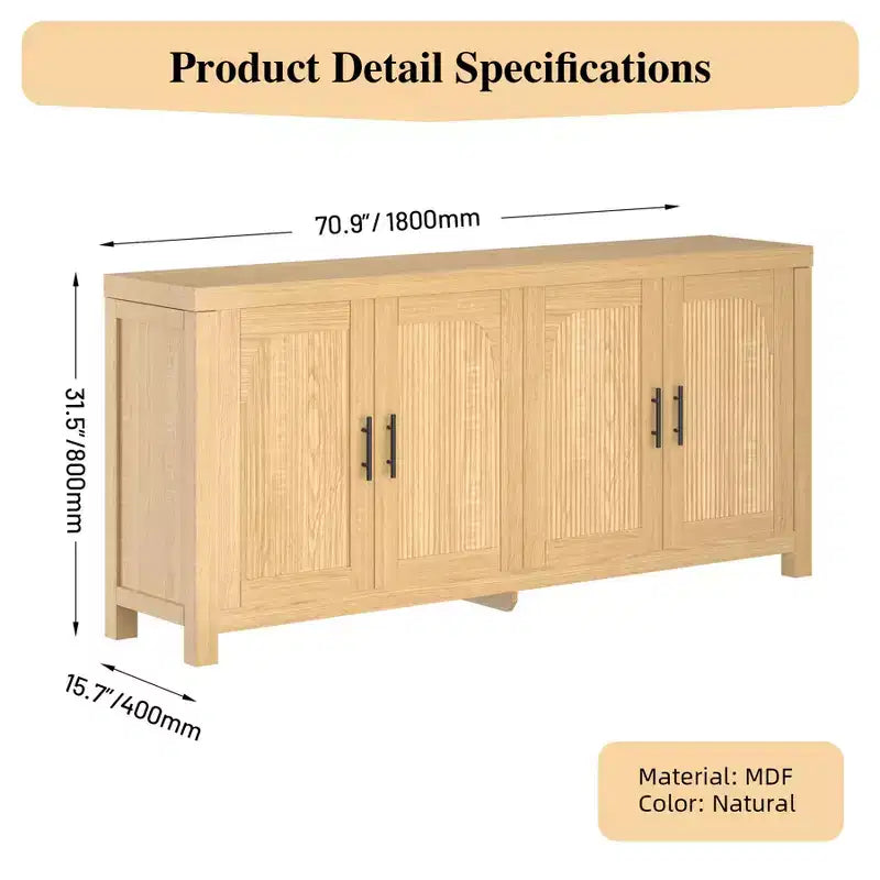 71 Sideboard Buffet Cabinet, Farmhouse Entryway Coffee Bar Cabinet with 4 Doors, Wooden Media Console Table, Accent Credenza for Living Room Kitchen