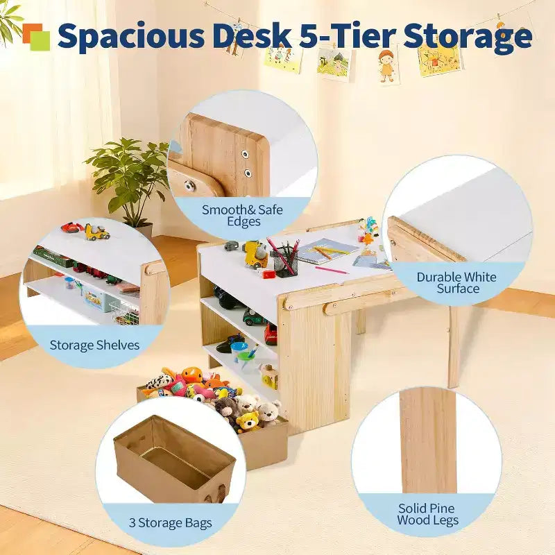 Craft Play Desk with 2 Storage Box, Folding Table and Chair Furniture Set, Adjustable Table for School and Home