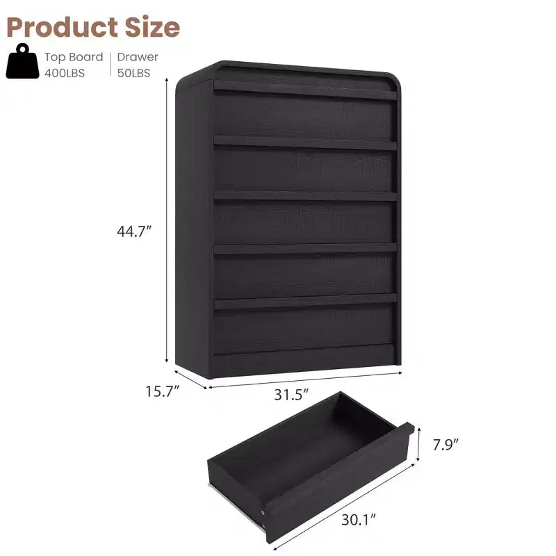 Arched 5-Drawer Dresser,45 Tall Wooden Chest with Curved Profile for Modern Bedroom, Living Room,Entryway,Nursery Storage