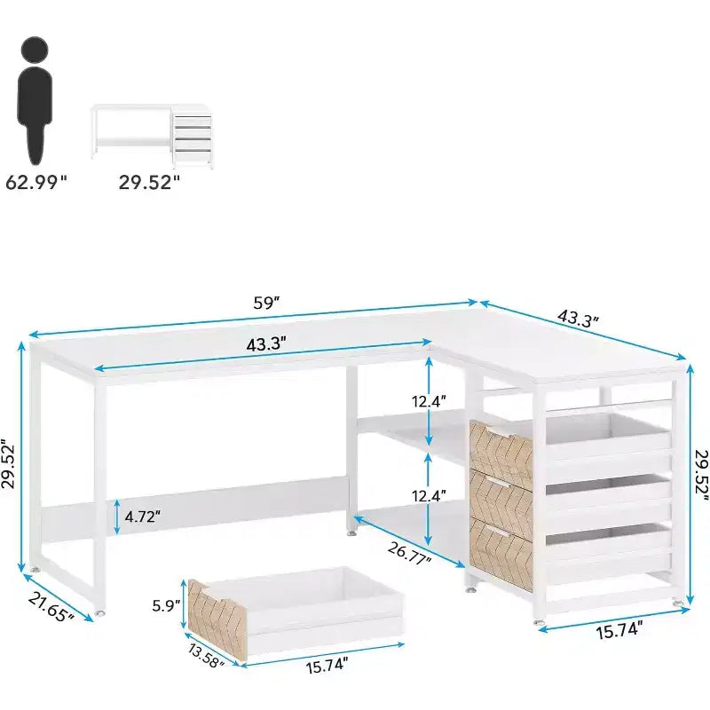 Bureau d'angle en L de 150 cm avec tiroirs de rangement et étagères, bureau réversible pour la maison et le bureau, blanc