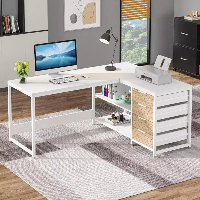 Bureau d'angle en L de 150 cm avec tiroirs de rangement et étagères, bureau réversible pour la maison et le bureau, blanc