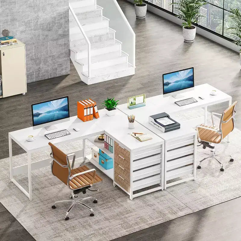 Bureau d'angle en L de 150 cm avec tiroirs de rangement et étagères, bureau réversible pour la maison et le bureau, blanc