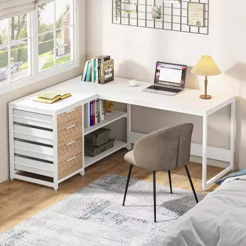 59-Inch L-Shaped Computer Desk with Storage Drawers and Shelves, Reversible Corner Desk for Home Office, White
