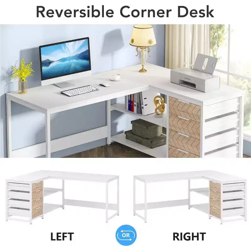 Bureau d'angle en L de 150 cm avec tiroirs de rangement et étagères, bureau réversible pour la maison et le bureau, blanc