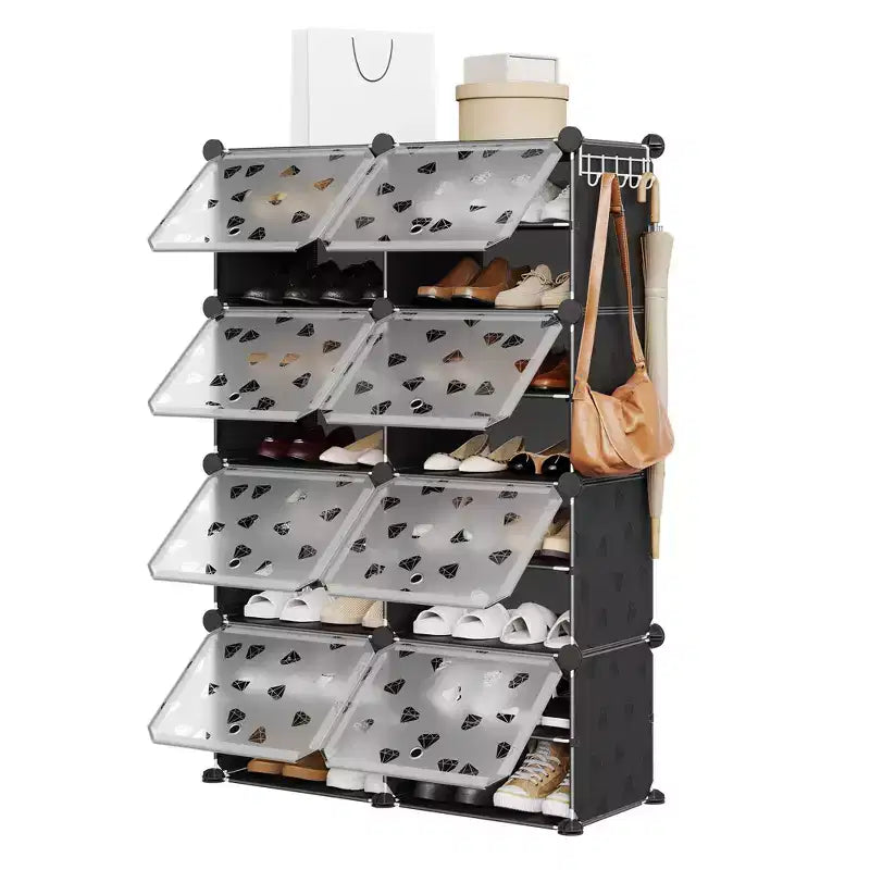 8-Tier Large Capacity Shoe Rack Organizer with Hooks, Easy DIY Assembly, Shoe Storage Cabinet for Closet Hallway Bedroom