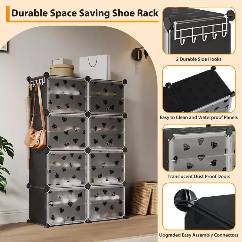 8-Tier Large Capacity Shoe Rack Organizer with Hooks, Easy DIY Assembly, Shoe Storage Cabinet for Closet Hallway Bedroom