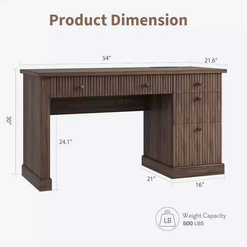 Fluted Home Office Desk Storage,54 in Modern Executive Desk with Charging Station,Wooden Computer Writing Desk with File Cabinet & Drawers