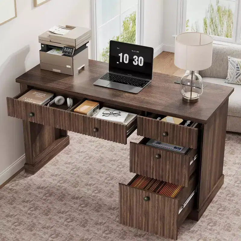 Fluted Home Office Desk Storage,54 in Modern Executive Desk with Charging Station,Wooden Computer Writing Desk with File Cabinet & Drawers
