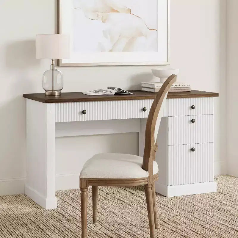 Fluted Home Office Desk Storage,54 in Modern Executive Desk with Charging Station,Wooden Computer Writing Desk with File Cabinet & Drawers