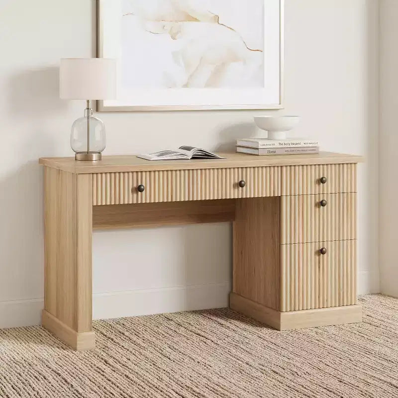 Fluted Home Office Desk Storage,54 in Modern Executive Desk with Charging Station,Wooden Computer Writing Desk with File Cabinet & Drawers