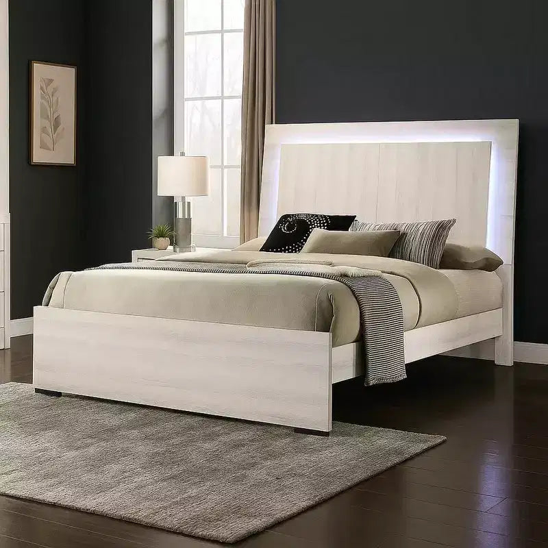 Royal Hampton Queen Size Bed W Led On Headboard, Antique White Wash Finsih