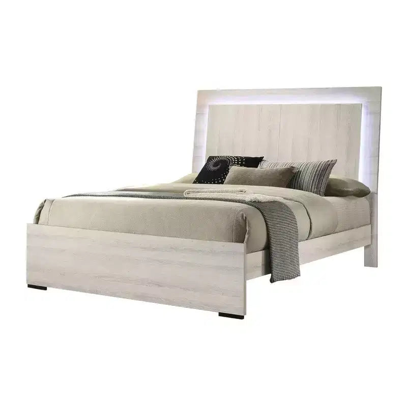 Royal Hampton Queen Size Bed W Led On Headboard, Antique White Wash Finsih