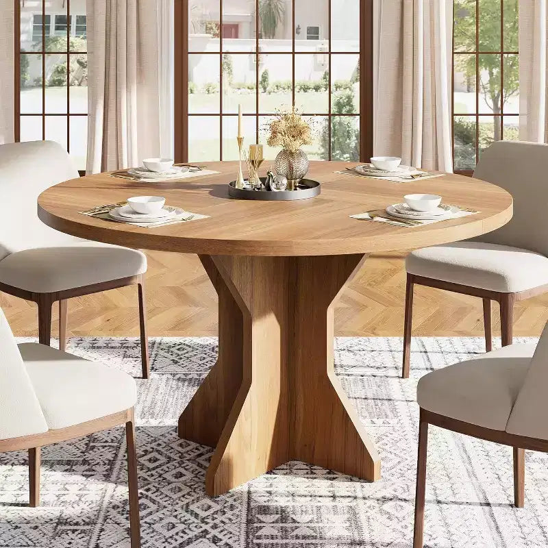 Round Dining Table for 4-6 People,47 Circle Kitchen Dinner Table with Sturdy Pedestal Base,Small Spaces Dinning Room Furniture for Living Room