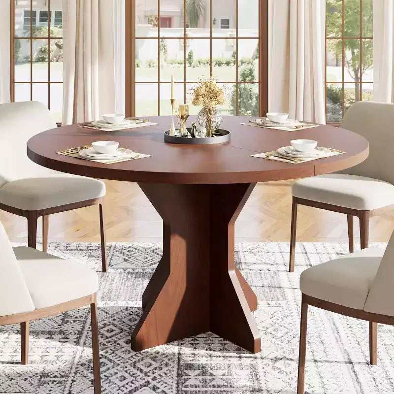 Round Dining Table for 4-6 People,47 Circle Kitchen Dinner Table with Sturdy Pedestal Base,Small Spaces Dinning Room Furniture for Living Room