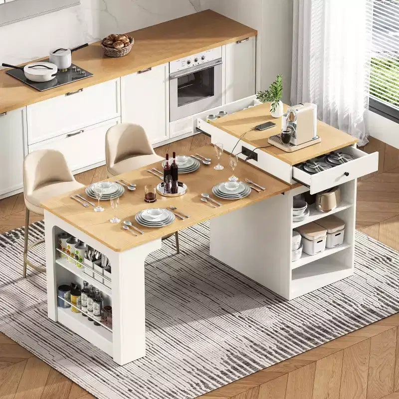 Modern Kitchen Island with Extendable Dining Table, Space-Saving Kitchen Storage Table for Kitchen or Dining Room-Panipeachy