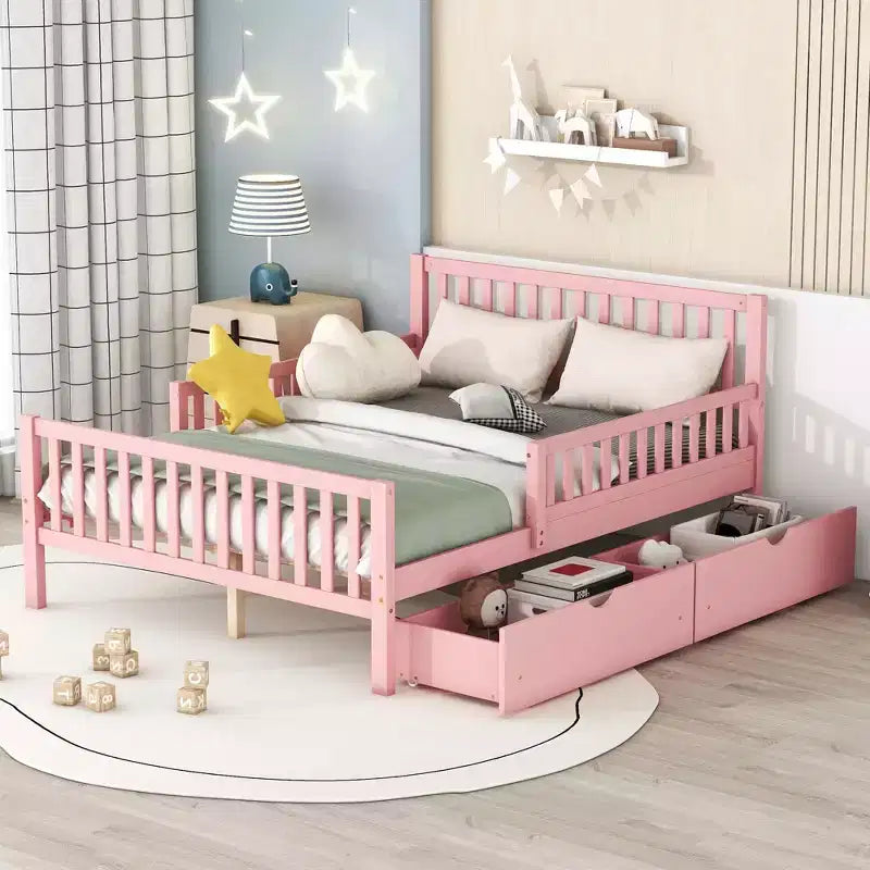Full Size Wood Platform Bed with Guardrails on Both Sides and Two Storage Drawers Pink