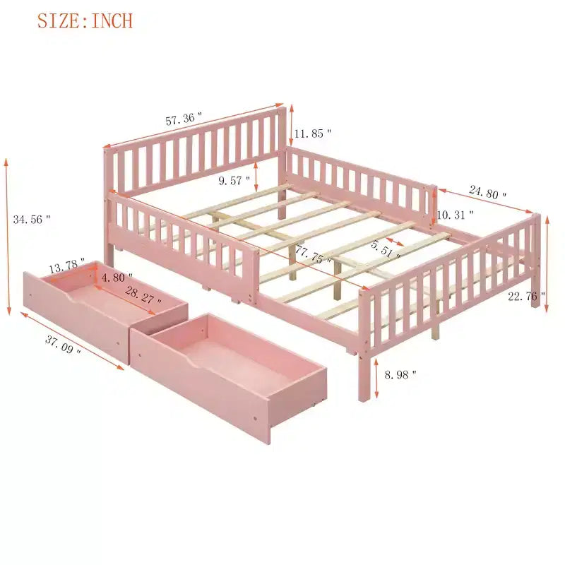 Lit plateforme double en bois avec barrières de sécurité des deux côtés et deux tiroirs de rangement Rose