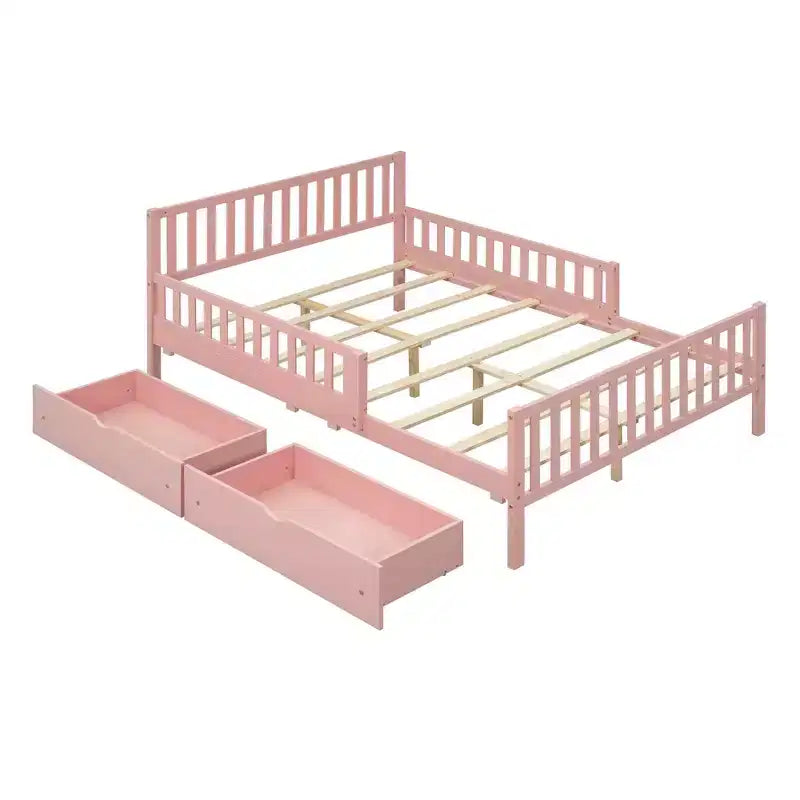 Full Size Wood Platform Bed with Guardrails on Both Sides and Two Storage Drawers Pink