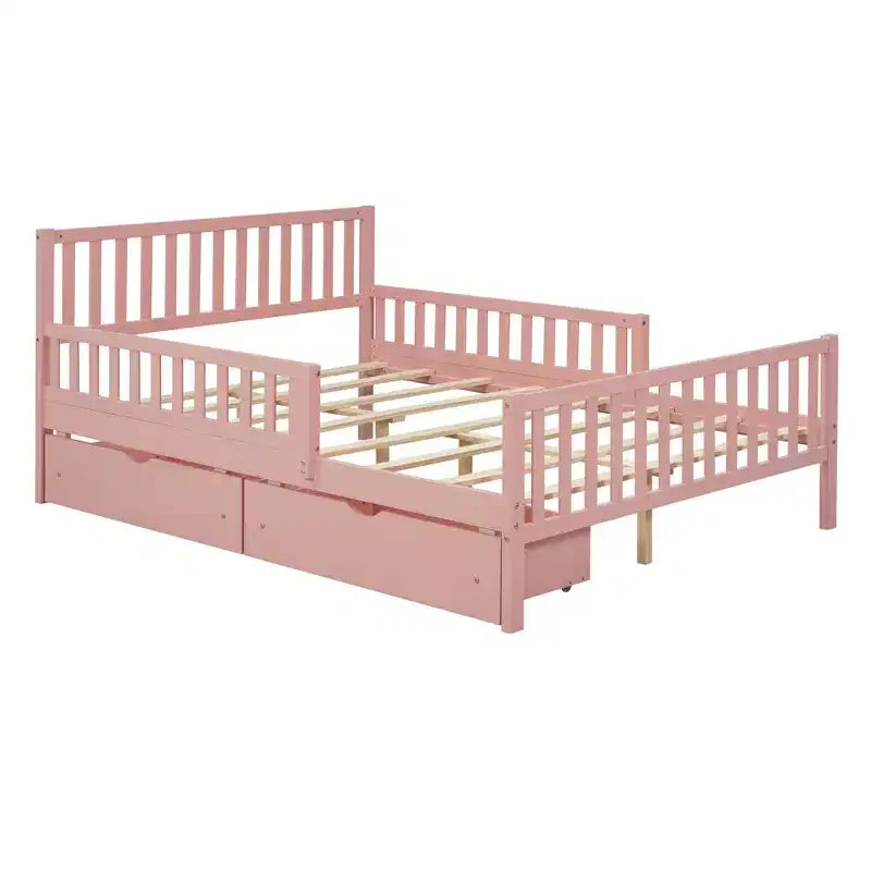 Full Size Wood Platform Bed with Guardrails on Both Sides and Two Storage Drawers Pink