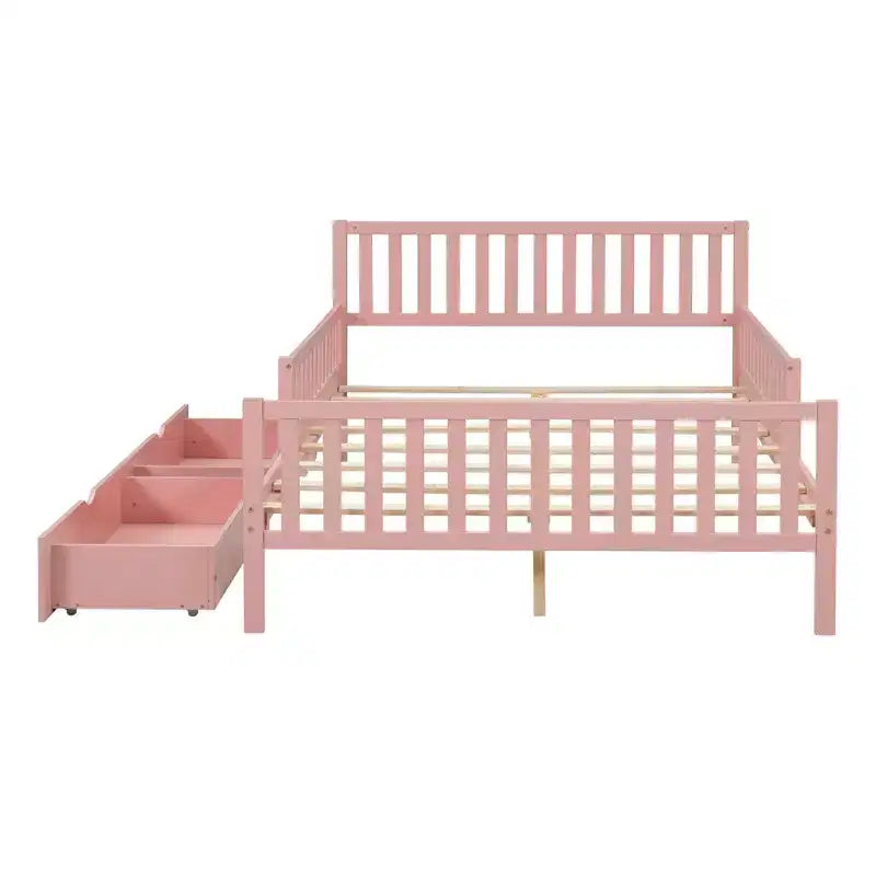 Lit plateforme double en bois avec barrières de sécurité des deux côtés et deux tiroirs de rangement Rose