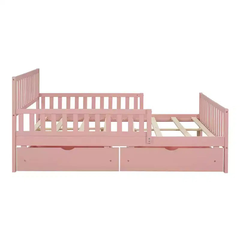 Lit plateforme double en bois avec barrières de sécurité des deux côtés et deux tiroirs de rangement Rose