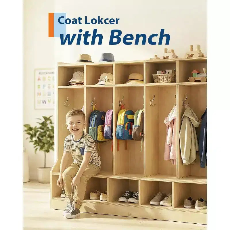 Kids Coat Locker with Bench for Classroom, Smooth Wood Surface 10 Cubbies, Daycare Cubby with 4 Hidden Casters & 10 Hooks, Cubby Storage Organizer