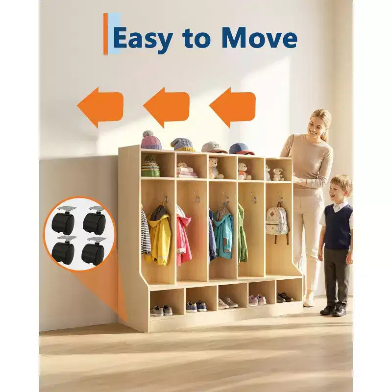 Kids Coat Locker with Bench for Classroom, Smooth Wood Surface 10 Cubbies, Daycare Cubby with 4 Hidden Casters & 10 Hooks, Cubby Storage Organizer
