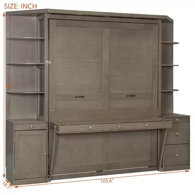 Queen Size Murphy Bed with Storage Shelves and Cabinets, Wooden Queen Cabinet Bed Wall Bed with Desk, Folding Wall Chest Bed for Guest Room Office