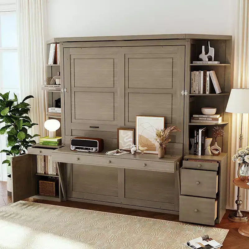 Queen Size Murphy Bed with Storage Shelves and Cabinets, Wooden Queen Cabinet Bed Wall Bed with Desk, Folding Wall Chest Bed for Guest Room Office